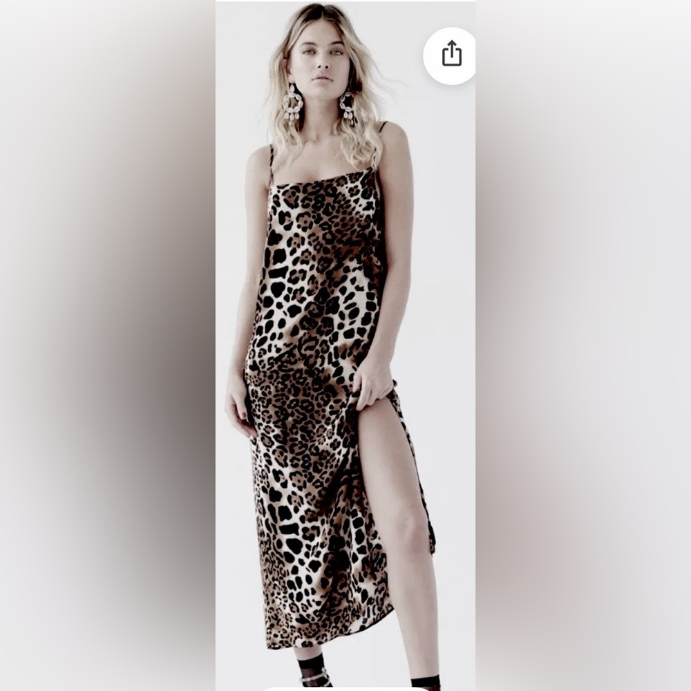 Free People x Nightcap Clothing Black Brown Leopard Slip Midi Dress Silk Size XS